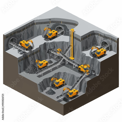 Isometric illustration of underground mining operations with heavy machinery.