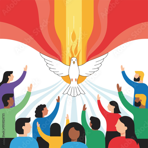 Colorful depiction of a dove surrounded by figures and flames, arms raised