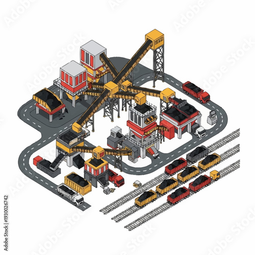 Isometric Industrial Coal Mine and Transportation Hub.