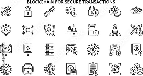 Blockchain  Cryptocurrency Secure Transactions Line Icons Set