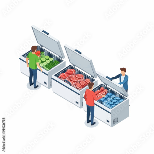Isometric Supermarket Freezers with Shoppers Choosing Frozen Goods.