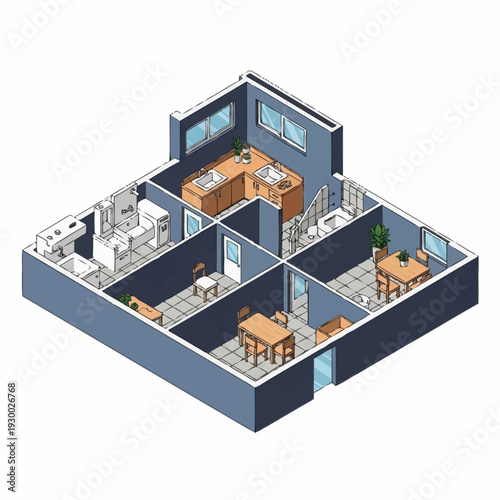 Isometric View of a Detailed House Floor Plan with Furniture.