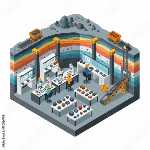 Isometric underground mine laboratory with scientists and mining equipment.
