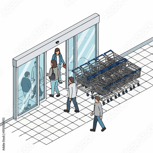 People entering and exiting a store through automatic sliding doors with shopping carts nearby.