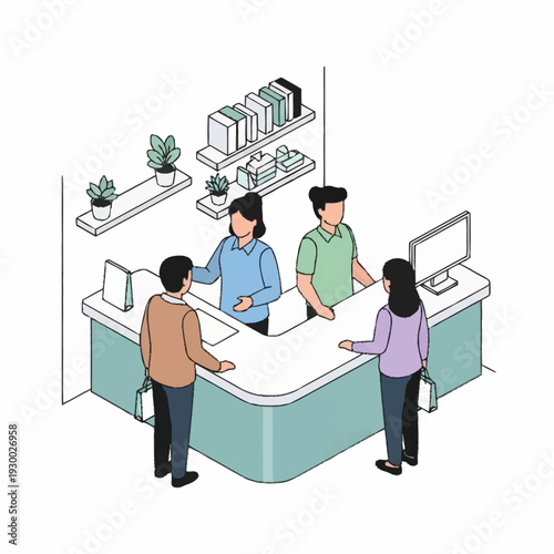People interacting at a reception desk in an office setting.