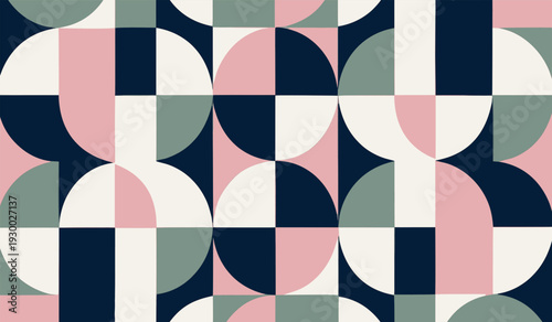 Retro Geometric Pattern with Pastel Pink, Navy Blue, and Sage Green Shapes