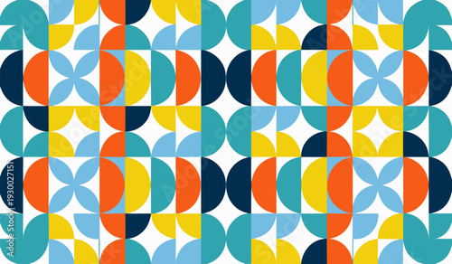 Vibrant geometric abstract seamless pattern. Colorful mosaic of quarter-circle shapes in a modern retro style. Perfect for dynamic backgrounds and creative graphic design