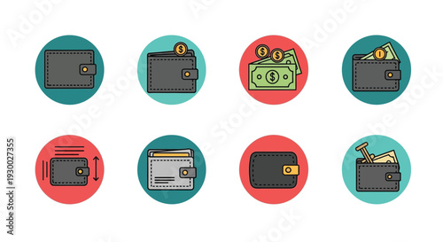 Collection of eight colorful wallet and money icons for financial themes.
