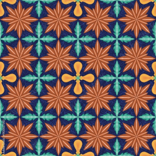 Seamless Rustic Floral Geometric Pattern in Navy, Terracotta and Teal for Textile and Wallpaper Design