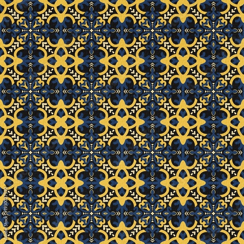 Seamless Navy and Gold Ornamental Tile Pattern with Mediterranean Inspired Geometric Motif, Luxury Blue and Mustard Geometric Floral Seamless Pattern for Textile and Wallpaper