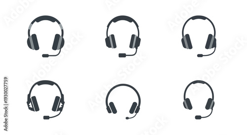 Set of six modern headset icons with microphones.