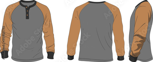 Men raglan long sleeve t shirt technical fashion flat sketch front back and side view isolated on light background apparel template design