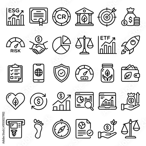 ESG Investment and Sustainable Finance Line Icons Set.