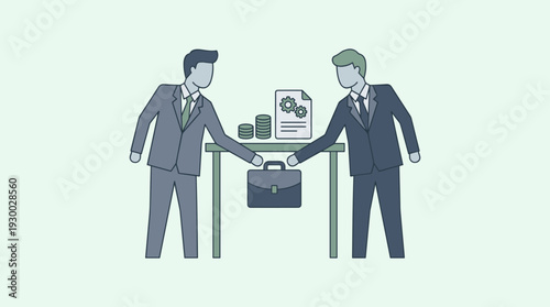 Corporate corruption and bribery concept with two businessmen in suits making a secret illegal deal by exchanging a briefcase under a table with money and gear documents on top.