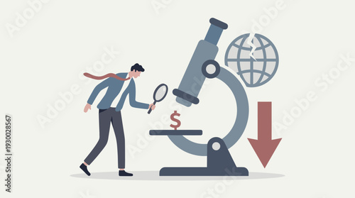 Businessman analyzing dollar sign under microscope with cracked globe and downward arrow, representing global economic crisis, financial recession, money devaluation, and market instability.