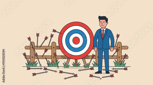 Frustrated businessman in suit standing by a target with many missed arrows on the ground and fence. Concept of business failure, missing goals, lack of skill, and professional challenges.
