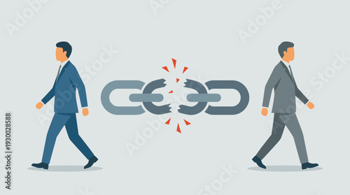 Two businessmen in suits walking away from each other as a chain link breaks between them, representing a failed partnership, business divorce, conflict, disagreement, or legal contract termination.