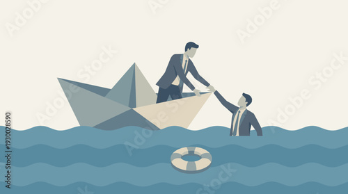 Businessman on Paper Boat in Ocean Helping Another Businessman, Concept of Business Teamwork, Support, Crisis Management, Leadership, Mutual Assistance, Partnership, and Survival in Business.