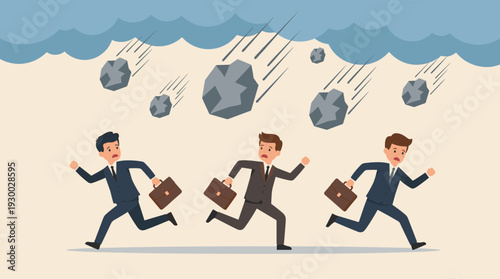 Businessmen in Suits Running Away from Falling Rocks and Boulders Representing Business Risk, Economic Crisis, Financial Downturn, and Market Instability in a Simple Flat Vector Illustration.
