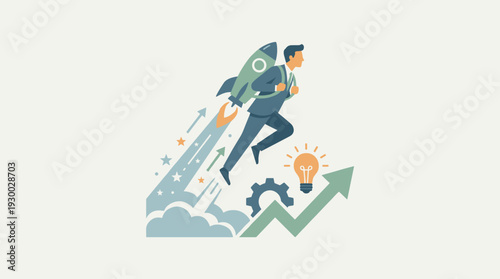 Successful businessman flying with a rocket pack symbolizing startup launch, business innovation, career growth, and creative ideas with lightbulb, gear, and rising arrow vector illustration.