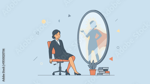Businesswoman Sitting in Office Chair Looking at Mirror Reflection of Herself as a Powerful Superhero with Cape, Concept of Self-Esteem, Confidence, Mental Health, Empowerment, and Inner Strength