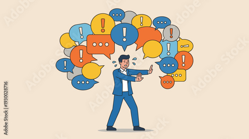 Overwhelmed Businessman Trying to Stop Information Overload and Spam Messages. Concept of Communication Stress, Notification Fatigue, and Digital Burnout with Many Speech Bubbles Vector Illustration.