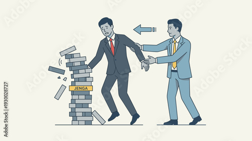 Businessman Supporting a Falling Colleague Near a Collapsing Jenga Tower, Representing Business Help, Teamwork, Crisis Management, Risk Mitigation, and Professional Support in the Workplace