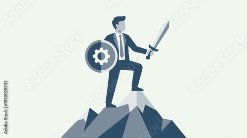 Businessman holding sword and shield with gear icon standing on mountain peak, representing leadership, protection, risk management, and corporate success in a competitive business environment.