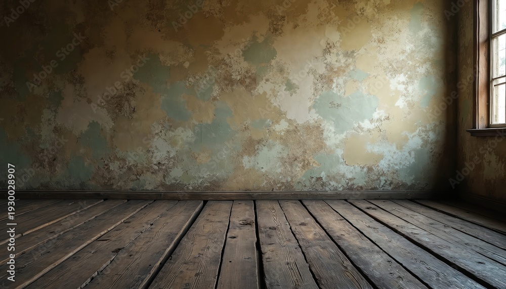 Fototapeta premium Empty room interior with textured peeling paint wall and aged wooden floorboards. Sunlight streams through a window illuminating the scene. Rustic vintage backdrop for design.