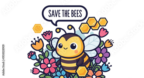 A cartoon bee surrounded by flowers with a speech bubble saying save the bees in a vibrant garden scene
