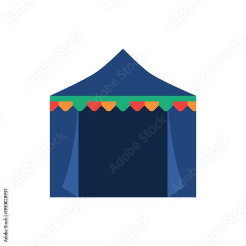 Dark blue closed market tent with colorful bunting flags for outdoor festival event decoration.