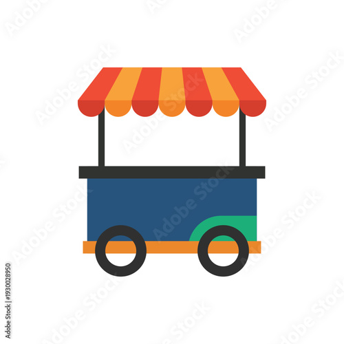 Mobile street food cart with two wheels and yellow red striped canopy for takeaway food business.
