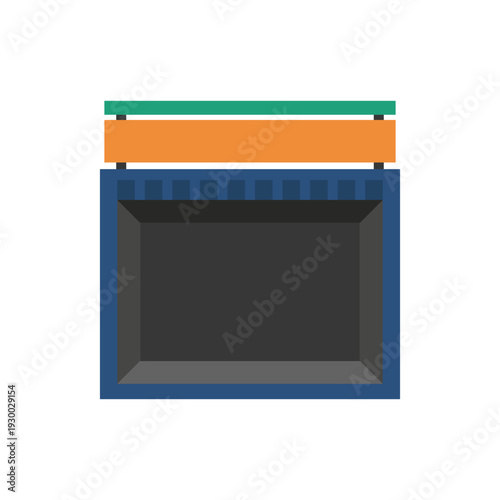 Modern container booth in dark blue color with orange sign board for urban retail shop or cafe.