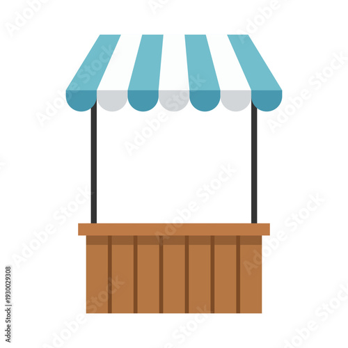 Traditional market stall with blue and white curved canopy and wooden counter for local vendors.
