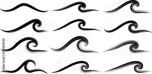 Black wave in different shapes and sizes waves white symbol