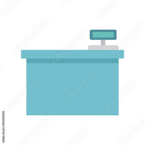 Checkout counter with light blue table and POS machine for retail store payment service.