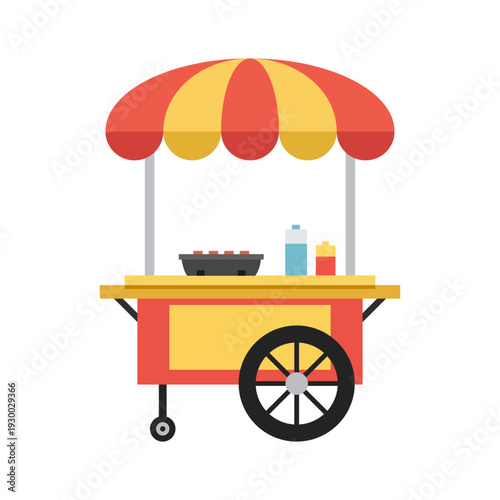Street food cart with yellow red canopy and grilled food tray for mobile snack business.