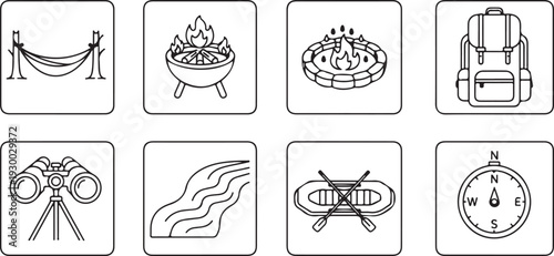 Outdoor Adventure Icons: Hammock Grill Campfire Backpack Binoculars River Raft Compass Isolated on white background