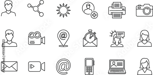 Digital communication icon set, user interface illustration, black and white artwork, multimedia symbol design, technology graphic, modern web application drawing