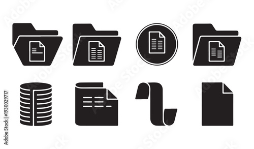 Black and white icons of files, folders, databases, and documents for data handling