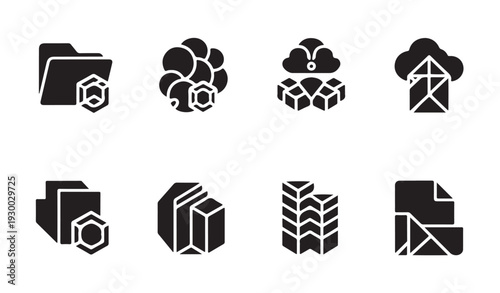 Abstract cloud data storage and folder management icons for modern technology infrastructure