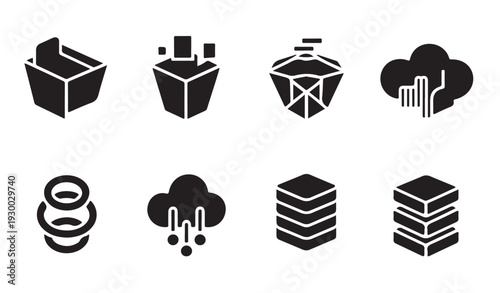 Cloud data processing and server farm icons for high performance computing and tech storage
