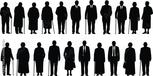 Elderly silhouettes, senior citizens, aging population, old men, old women, walking cane, demographic icons, retirement age, elder care, posture