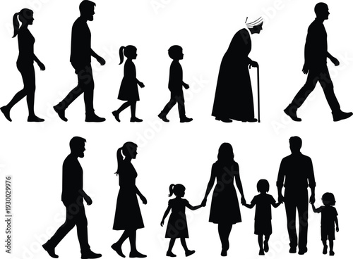 Family silhouettes, life stages icons, parents with children, elderly woman, walking figures, generational bonds, demographic illustration, family relationships, aging population