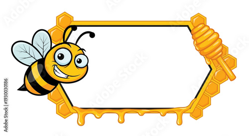 A cartoon bee in a honeycomb frame with dripping honey
