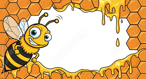 A cartoon bee with honeycomb background and honey dripping from a frame