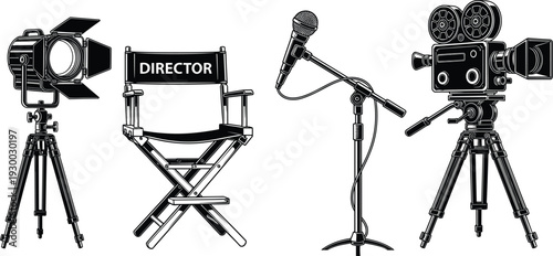 Film production equipment illustration, director chair artwork, vintage movie camera design, studio light graphic, microphone silhouette, classic filmmaking symbol drawing