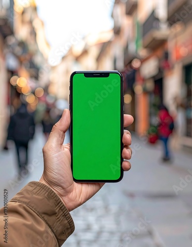 A hand holding a smartphone with a green screen outdoors (6)