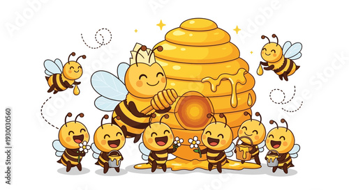 Group of cartoon bees gathered around a honeycomb, illustration of bees working together, honey production scene