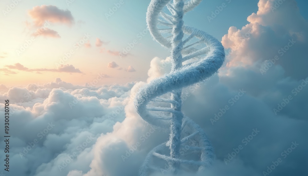 Obraz premium DNA helix floats high above clouds in soft sky. Frozen structure ascends into atmosphere, science or fantasy concept. Bright light, pastel colors.